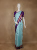 Sky Blue Checked Pure Kanchipuram Silk Saree With Purple Zari Border And Pallu