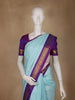 Sky Blue Checked Pure Kanchipuram Silk Saree With Purple Zari Border And Pallu