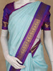 Sky Blue Checked Pure Kanchipuram Silk Saree With Purple Zari Border And Pallu