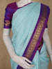 Sky Blue Checked Pure Kanchipuram Silk Saree With Purple Zari Border And Pallu