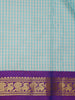 Sky Blue Checked Pure Kanchipuram Silk Saree With Purple Zari Border And Pallu