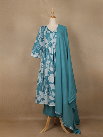 Sky Blue Floral Designed Cotton Salwar Suit - Diadem