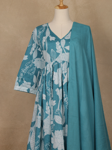 Sky Blue Floral Designed Cotton Salwar Suit - Diadem