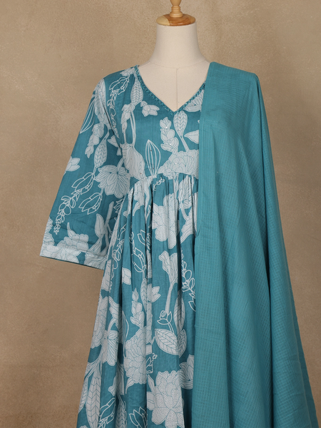 Sky Blue Floral Designed Cotton Salwar Suit - Diadem