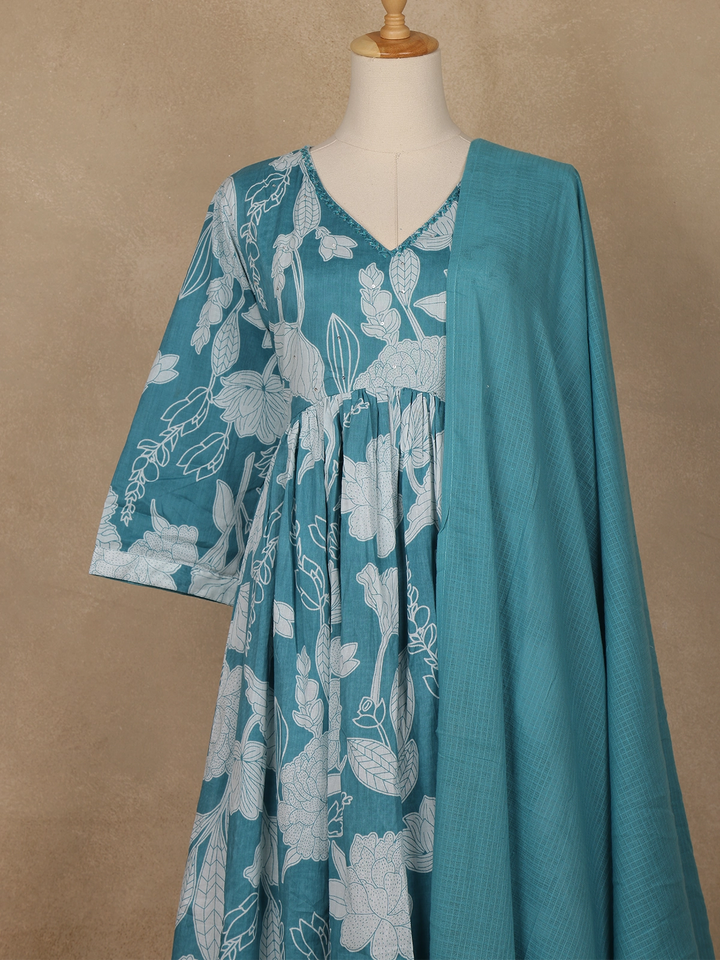 Sky Blue Floral Designed Cotton Salwar Suit - Diadem