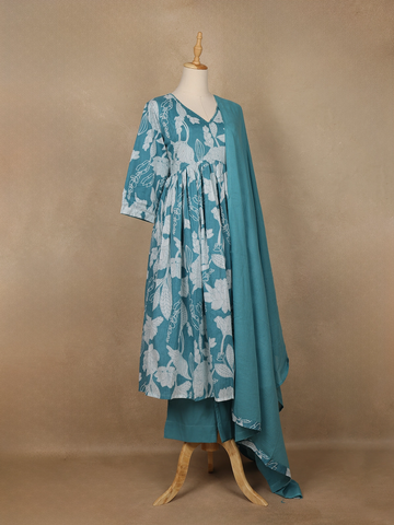 Sky Blue Floral Designed Cotton Salwar Suit - Diadem