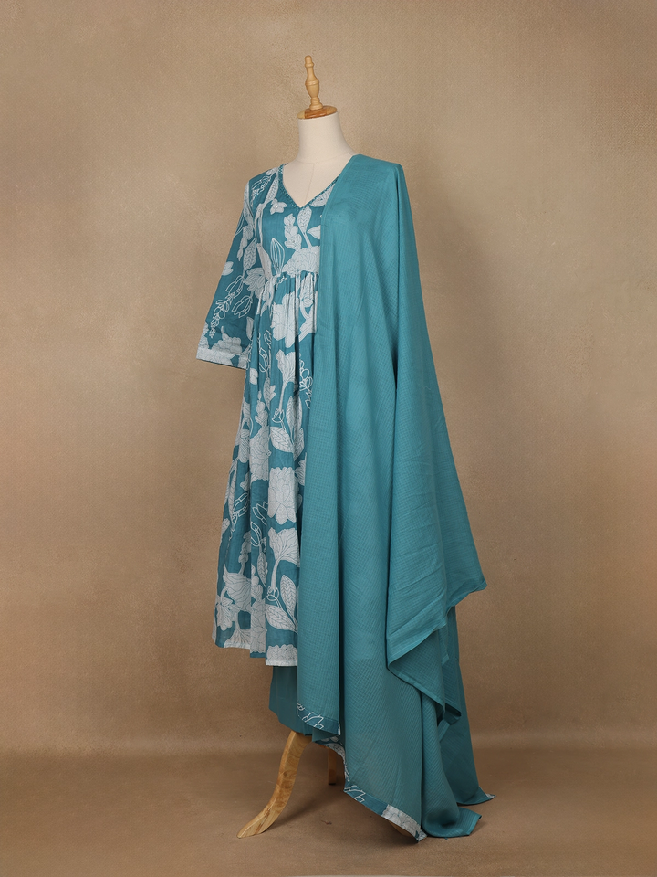 Sky Blue Floral Designed Cotton Salwar Suit - Diadem