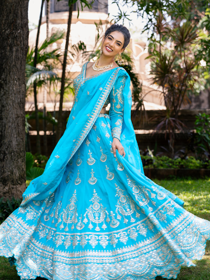 Sky Blue Floral Embroidered Georgette Lehenga for Bridesmaid - Diadem