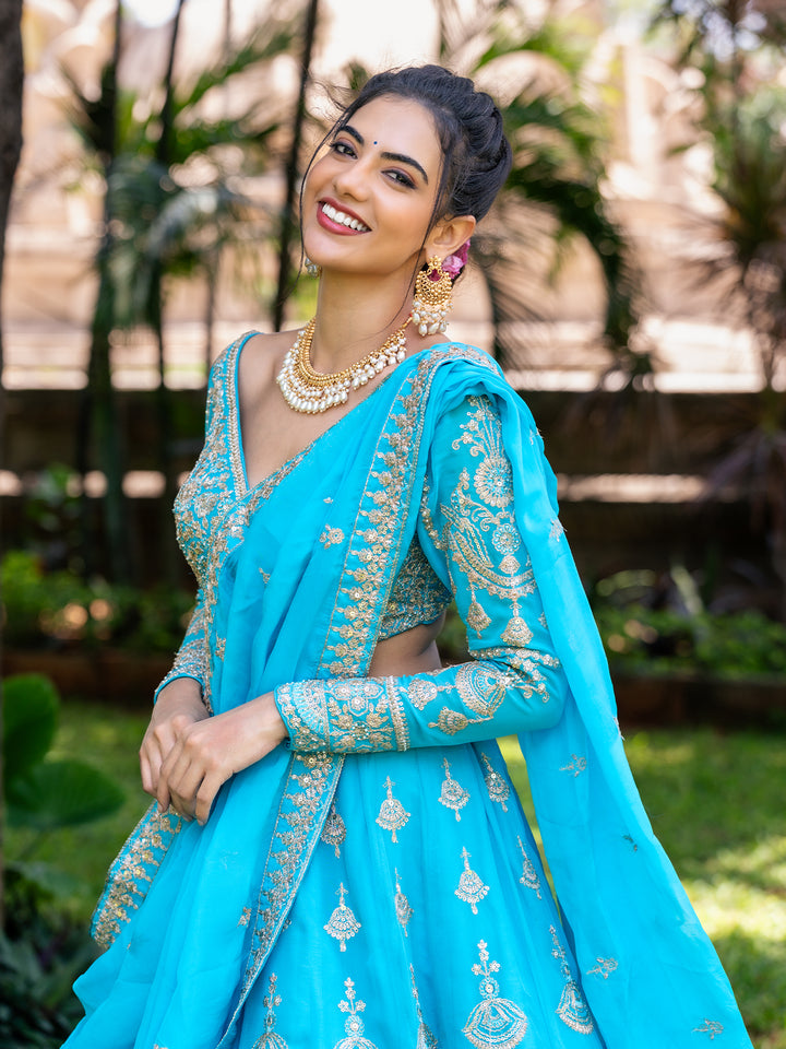 Sky Blue Floral Embroidered Georgette Lehenga for Bridesmaid - Diadem