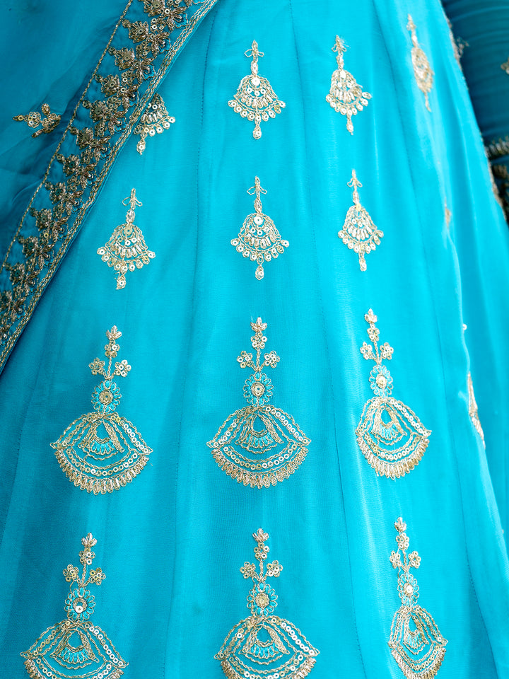 Sky Blue Floral Embroidered Georgette Lehenga for Bridesmaid - Diadem