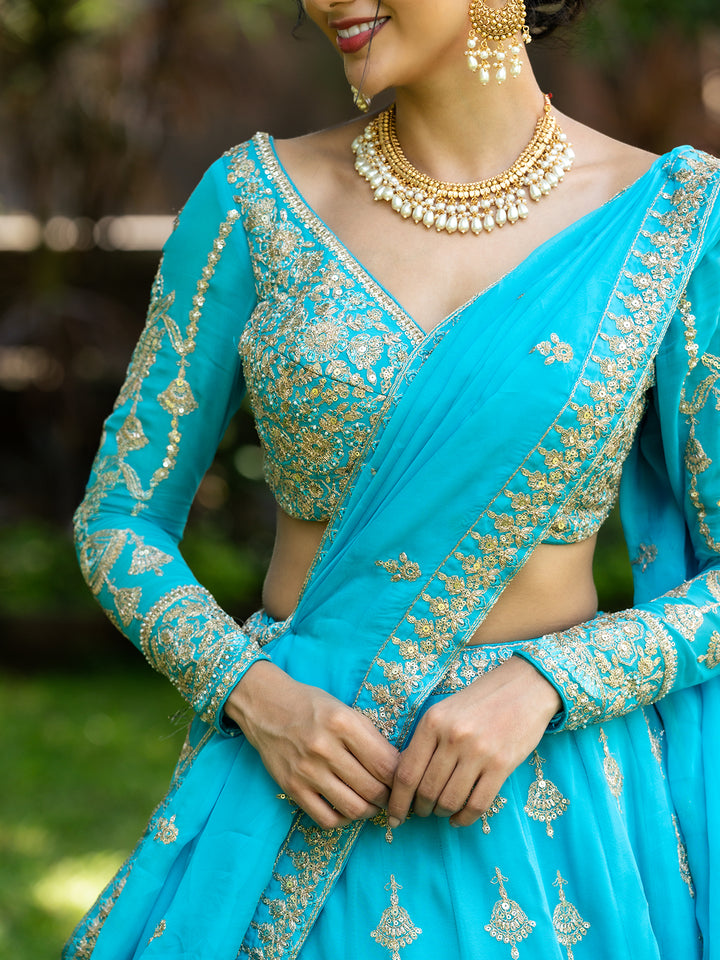 Sky Blue Floral Embroidered Georgette Lehenga for Bridesmaid - Diadem