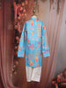 Sky Blue Floral Motif Printed Kids Cotton Kurta Set