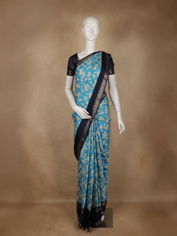 Sky Blue Floral Woven Tussar Silk Saree with Navy Border - Diadem