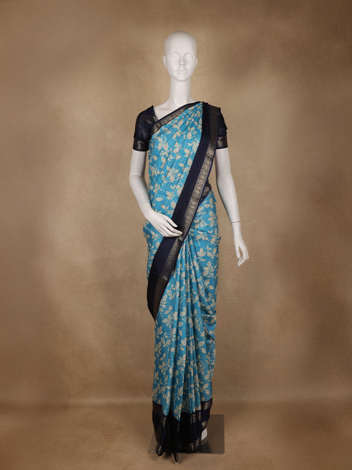 Sky Blue Floral Woven Tussar Silk Saree with Navy Border - Diadem