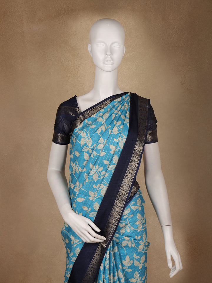 Sky Blue Floral Woven Tussar Silk Saree with Navy Border - Diadem