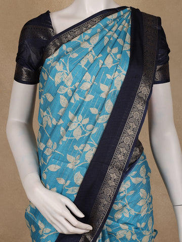 Sky Blue Floral Woven Tussar Silk Saree with Navy Border - Diadem