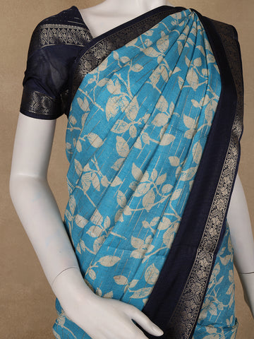 Sky Blue Floral Woven Tussar Silk Saree with Navy Border - Diadem