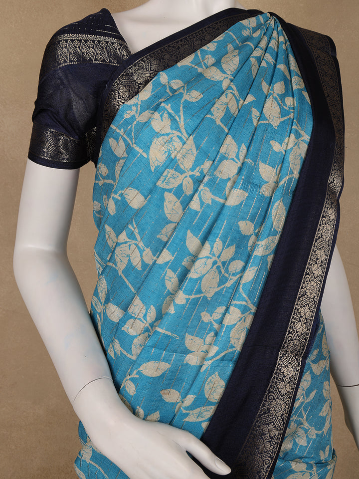 Sky Blue Floral Woven Tussar Silk Saree with Navy Border - Diadem