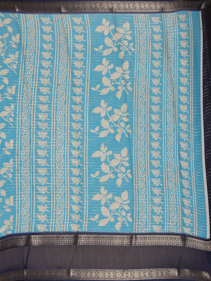 Sky Blue Floral Woven Tussar Silk Saree with Navy Border - Diadem
