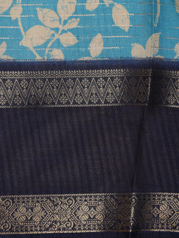 Sky Blue Floral Woven Tussar Silk Saree with Navy Border - Diadem