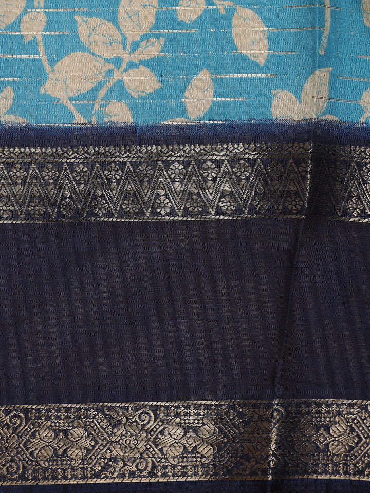 Sky Blue Floral Woven Tussar Silk Saree with Navy Border - Diadem