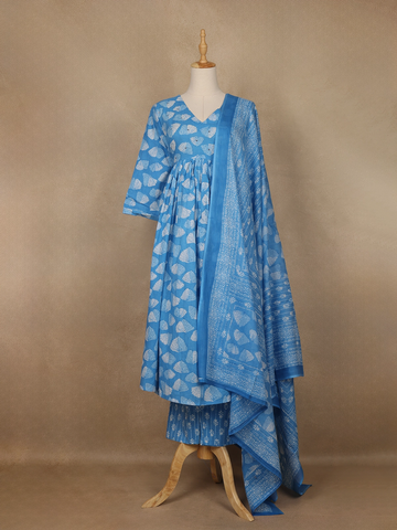 Sky Blue Leaf Designed Cotton Salwar Suit - Diadem