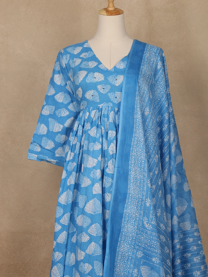 Sky Blue Leaf Designed Cotton Salwar Suit - Diadem