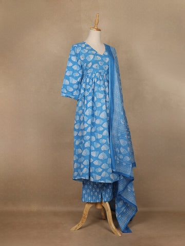 Sky Blue Leaf Designed Cotton Salwar Suit - Diadem