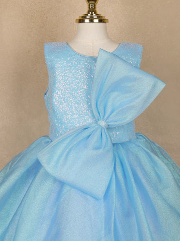 Sky Blue Sequin Embellished Party Wear Net Frock With Oversized Bow - Diadem