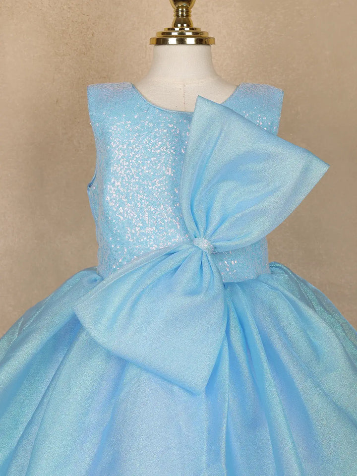 Sky Blue Sequin Embellished Party Wear Net Frock With Oversized Bow - Diadem