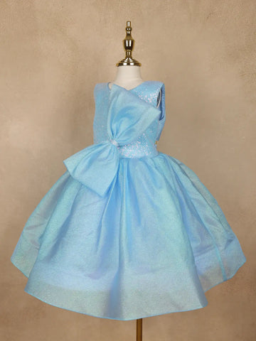 Sky Blue Sequin Embellished Party Wear Net Frock With Oversized Bow - Diadem