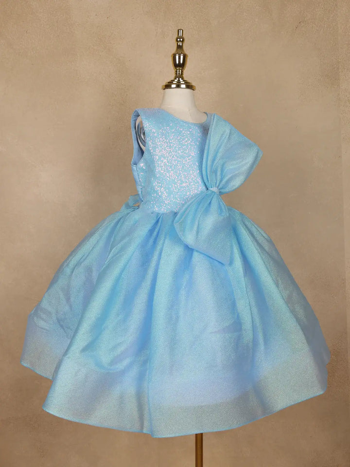 Sky Blue Sequin Embellished Party Wear Net Frock With Oversized Bow - Diadem