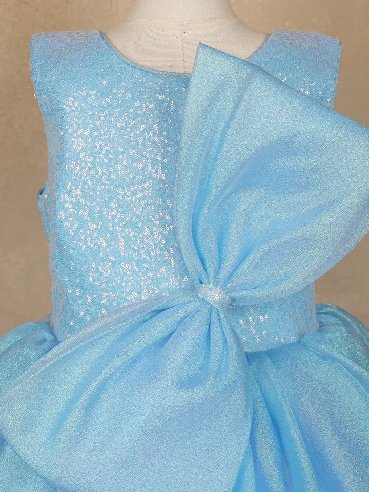 Sky Blue Sequin Embellished Party Wear Net Frock With Oversized Bow - Diadem