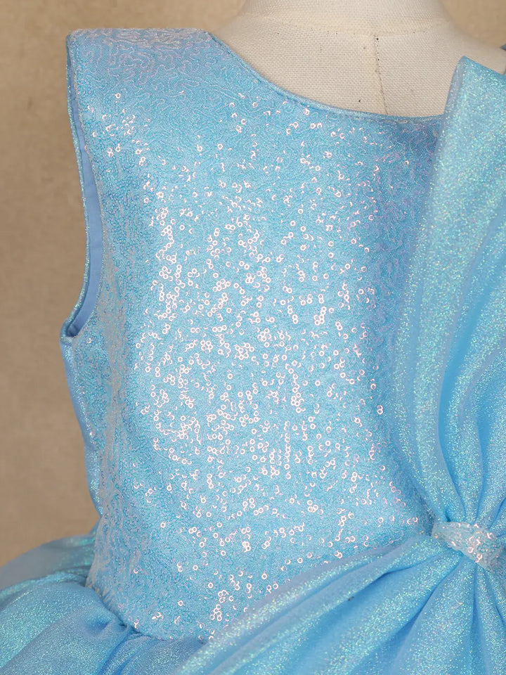 Sky Blue Sequin Embellished Party Wear Net Frock With Oversized Bow - Diadem