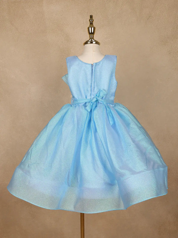Sky Blue Sequin Embellished Party Wear Net Frock With Oversized Bow - Diadem
