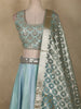 Sky Blue Silver Zari Woven Design and Mirror Work Banarasi Silk Designer Lehenga with Dupatta