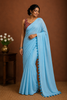 Sky Blue Solid Design Cotton Casual Wear Saree with Kalamkari Blouse
