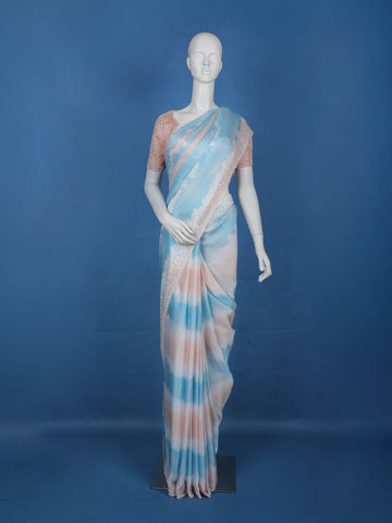 Sky Blue Tie and Dye Design Satin Saree - Diadem