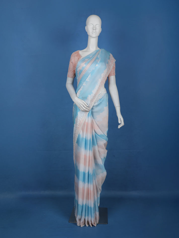 Sky Blue Tie and Dye Design Satin Saree - Diadem