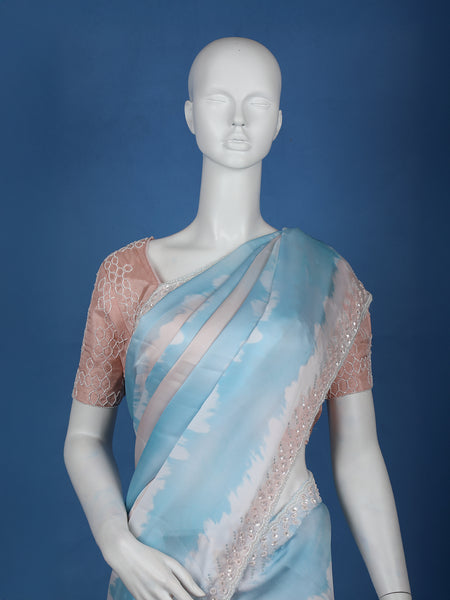 Sky Blue Tie and Dye Design Satin Saree - Diadem