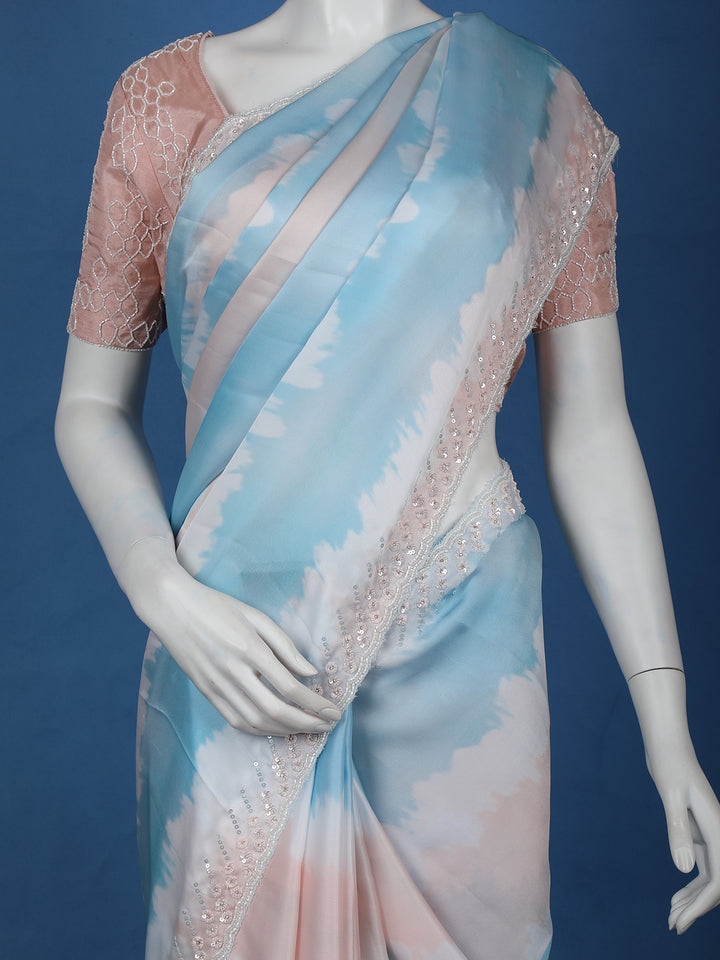 Sky Blue Tie and Dye Design Satin Saree - Diadem