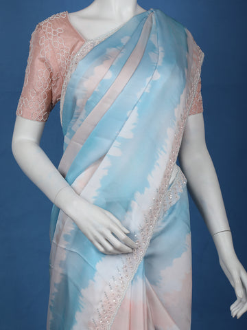 Sky Blue Tie and Dye Design Satin Saree - Diadem