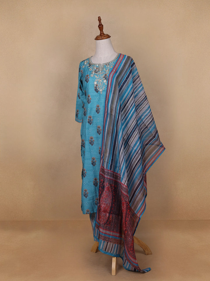 Sky Blue Floral Designed Cotton Rayon Salwar Suit - Diadem