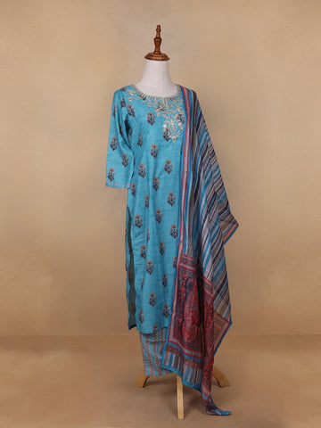 Sky Blue Floral Designed Cotton Rayon Salwar Suit - Diadem