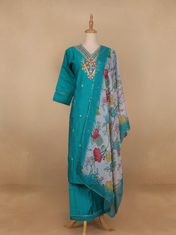 Sky Blue Floral Designed Cotton Salwar Suit - Diadem