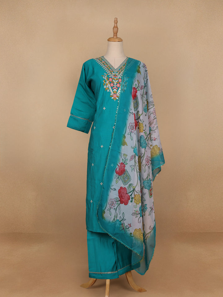 Sky Blue Floral Designed Cotton Salwar Suit - Diadem