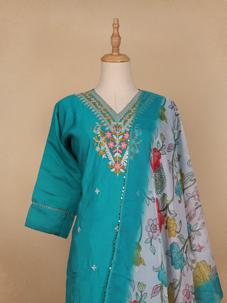 Sky Blue Floral Designed Cotton Salwar Suit - Diadem
