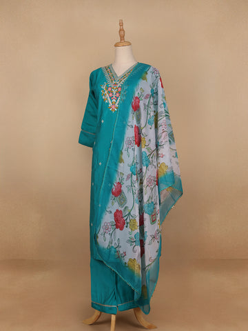 Sky Blue Floral Designed Cotton Salwar Suit - Diadem