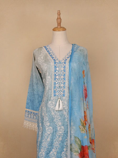 Sky Blue Floral Designed Cotton Salwar Suit - Diadem