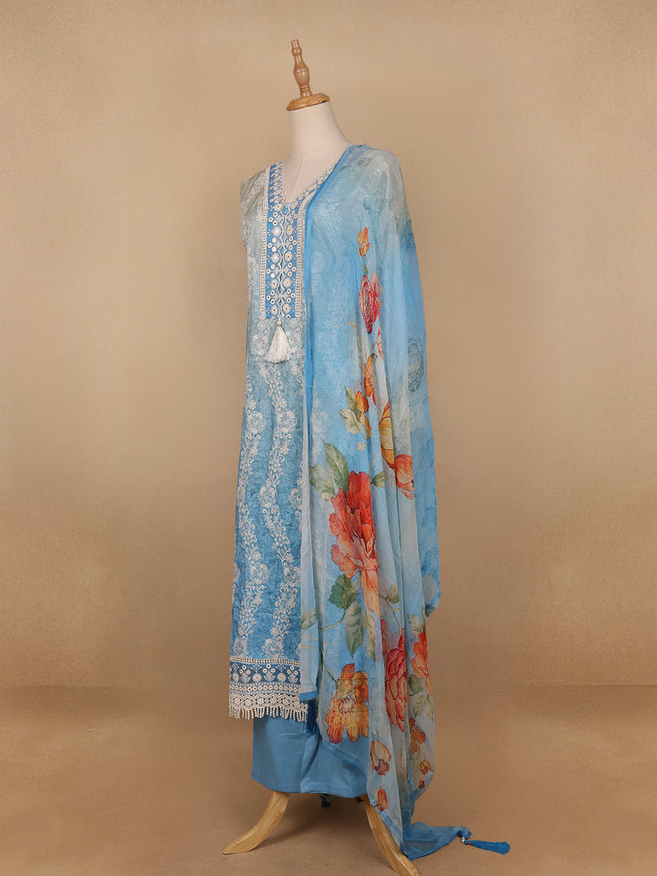 Sky Blue Floral Designed Cotton Salwar Suit - Diadem